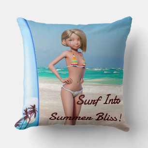 Toon Surfer Girl Posing on the Seashore Cushion