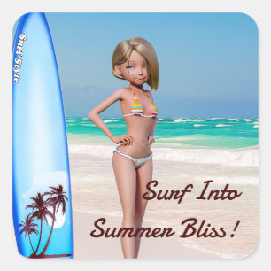 Toon Surfer Girl Posing on the Seashore Square Sticker