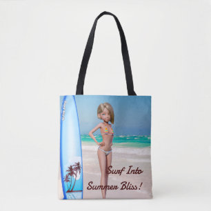 Toon Surfer Girl Posing on the Seashore Tote Bag