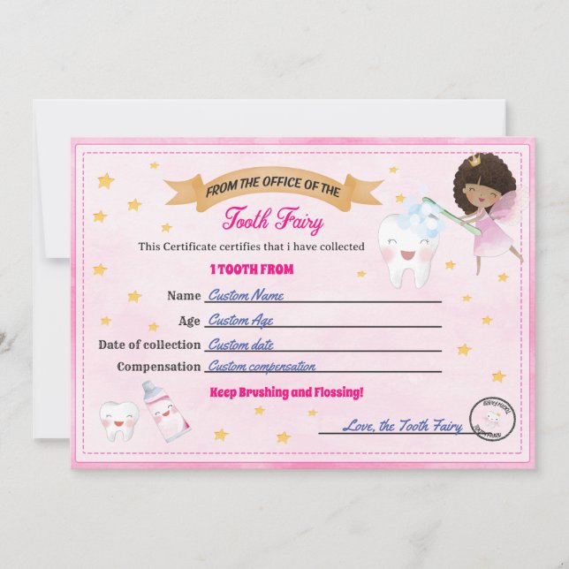 Tooth Fairy Certificate - Lost Tooth Receipt Invitation (Front)
