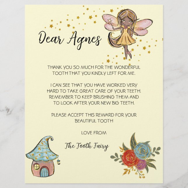 Tooth Fairy Letter, Personalised Tooth Fairy Card (Front)