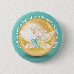 Tooth fairy princess with gold coin shimmer teal 6 cm round badge