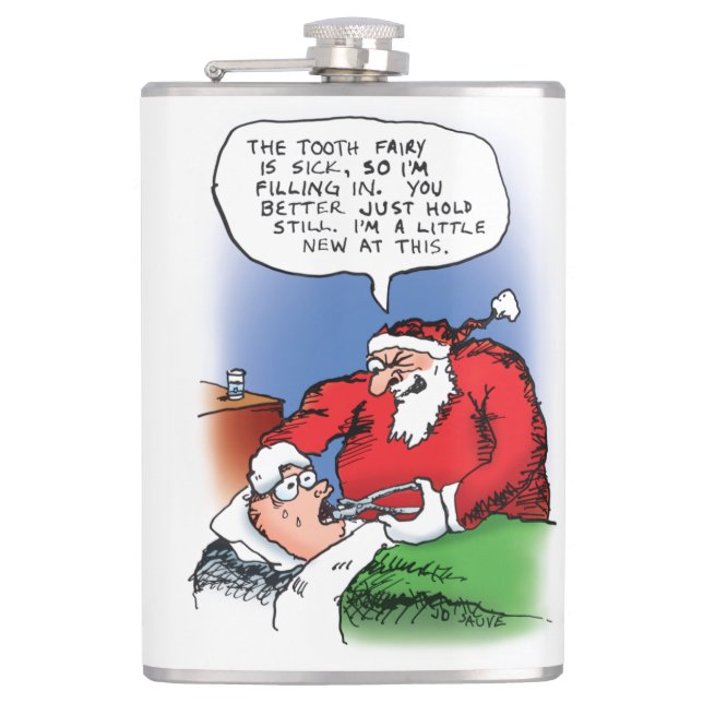 Tooth Fairy Santa Funny Christmas Cartoon Hip Flask (Front)