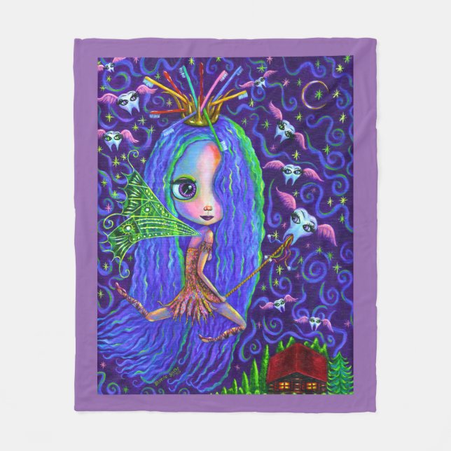 Tooth Fairy with Toothbrush Crown & Flying Teeth Fleece Blanket (Front)