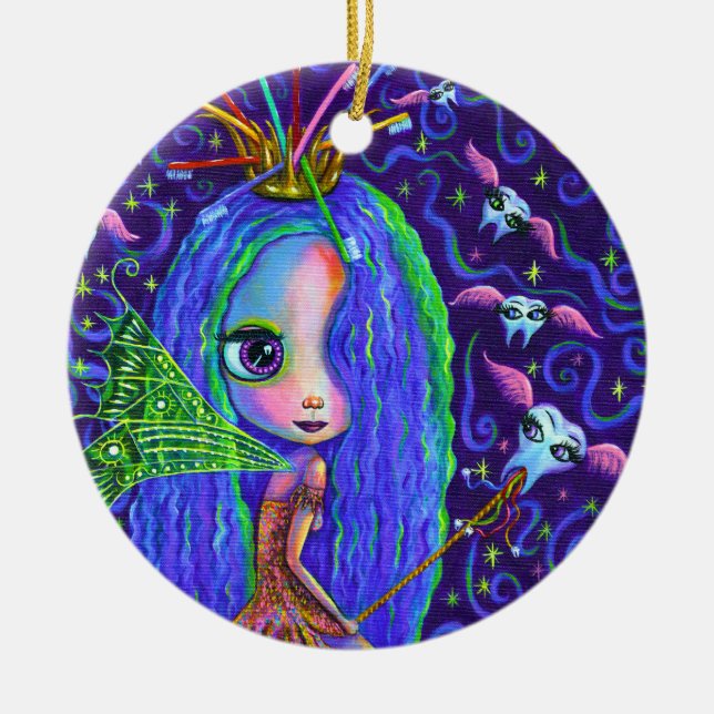 Tooth Fairy with Toothbrush Crown & Winged Teeth Ceramic Ornament (Front)