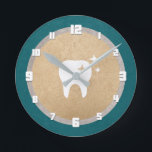 Tooth | Gold & Silver Cyan Dental Round Clock<br><div class="desc">Elegant wall clock for a dentist with a shiny white tooth atop faux gold foil.</div>