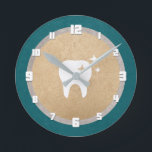 Tooth | Gold & Silver Cyan Dental Round Clock<br><div class="desc">Elegant wall clock for a dentist with a shiny white tooth atop faux gold foil.</div>