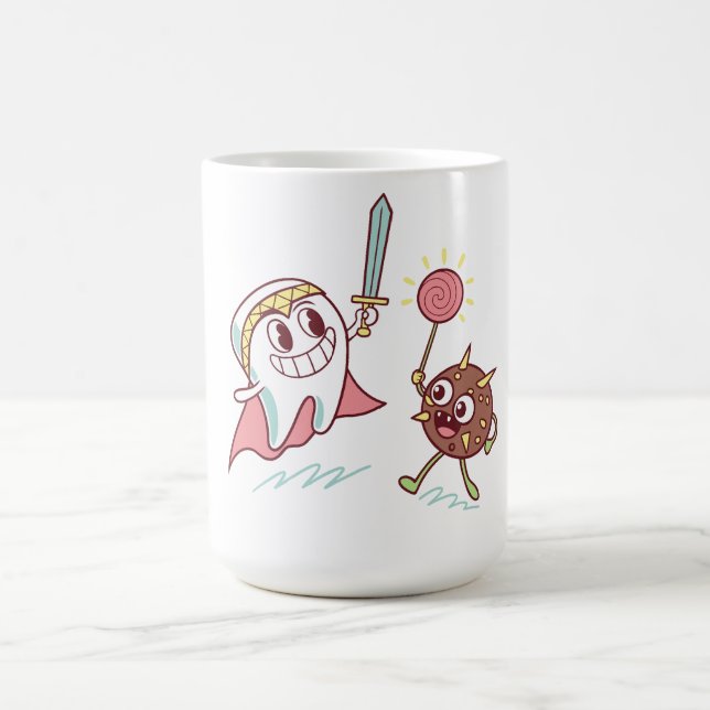 Tooth Hero vs Bacteria Monster Fun Dental Cartoon  Coffee Mug (Center)