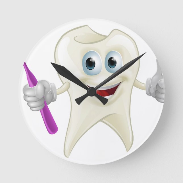 Tooth man holding a toothbrush round clock (Front)