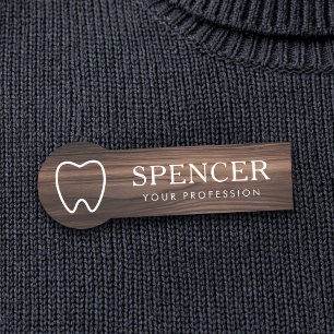 Tooth outline dark wood look dentist dental clinic name tag