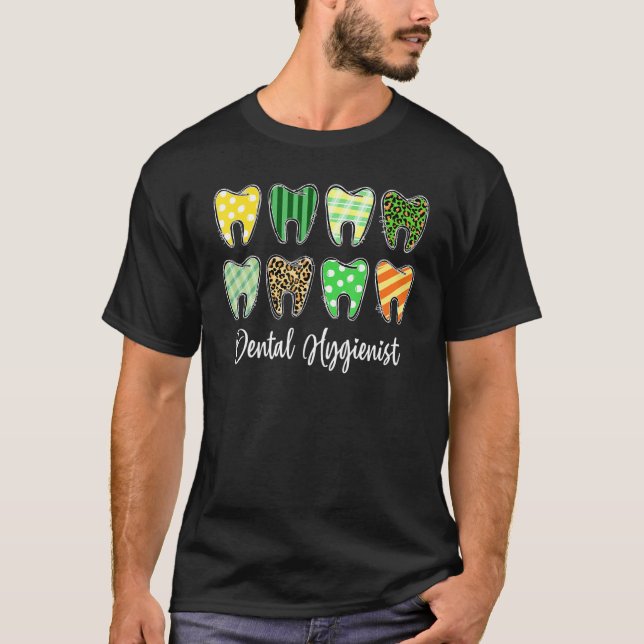Tooth Teeth Leopard Plaid Dental Hygienist St Patr T-Shirt (Front)