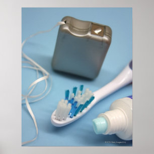 Toothbrush, toothpaste and floss. poster