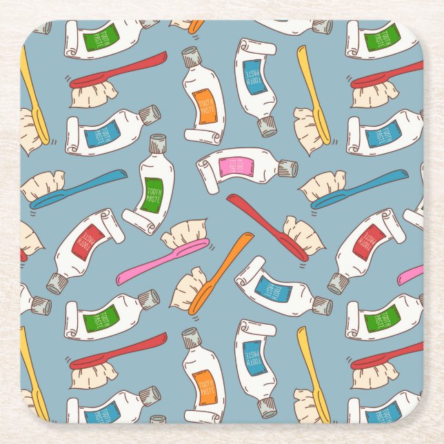 Toothbrush & Toothpaste Pattern Square Paper Coaster (Front)