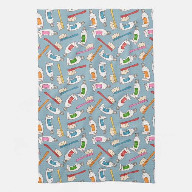 Toothbrush & Toothpaste Pattern Tea Towel (Vertical)