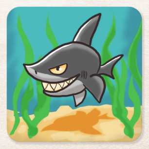 Toothy Cartoon Shark Square Paper Coaster
