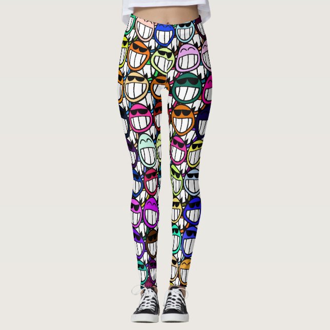 Toothy Grinning Happy Faces Leggings (Front)