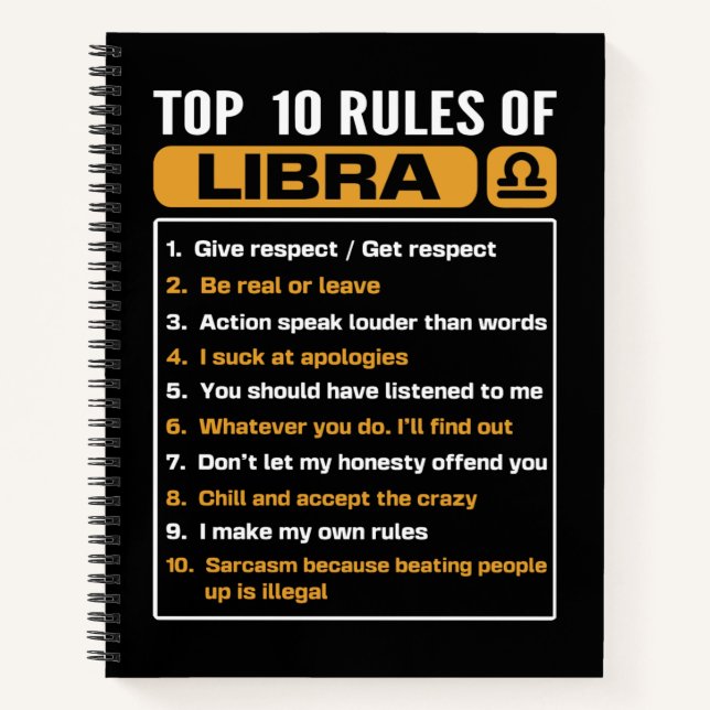 Top 10 rRules Of libra, Libra Facts Traits Rules Notebook (Front)