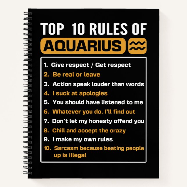 Top 10 rules of Aquarius, Funny Aquarius 10 Rules Notebook (Front)