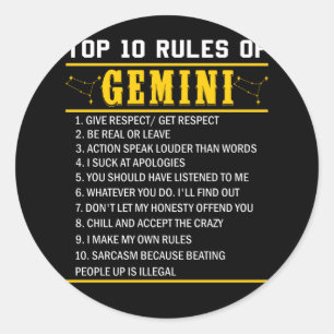 Top 10 Rules Of Gemini May 21 - June 21 Classic Round Sticker
