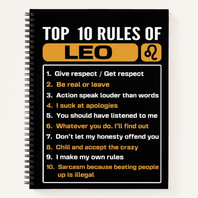 Top 10 Rules Of Leo, Leo Facts Traits Notebook (Front)