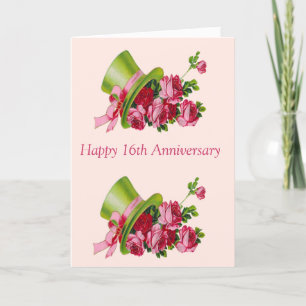 Top hat and flowers, Happy 16th Anniversary Card