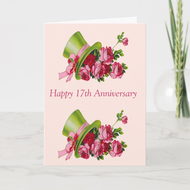 Top hat and flowers, Happy 17th Anniversary Card (Front)
