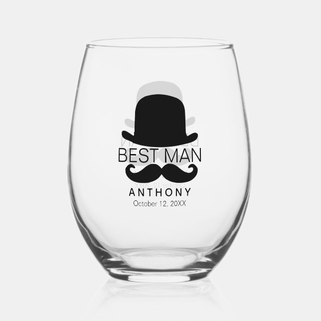 Top Hat and Moustache Stemless Wine Glass (Front)