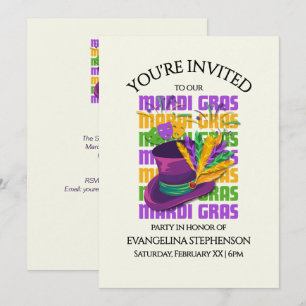 Top Hat Feathers MARDI GRAS Party Invitation