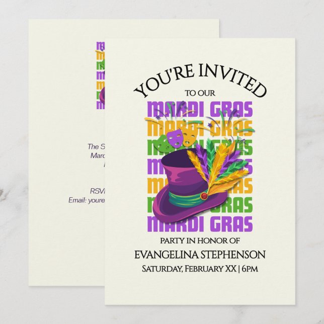 Top Hat Feathers MARDI GRAS Party Invitation (Front/Back)