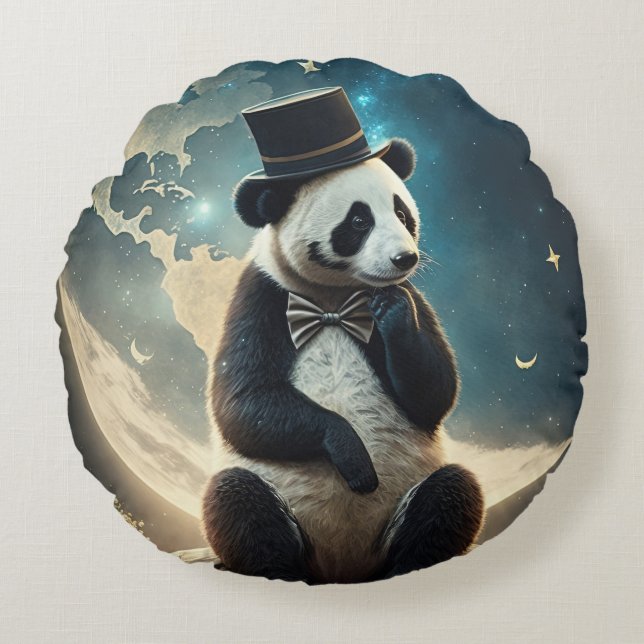 Top Hat Moon Panda Round Cushion (Front)