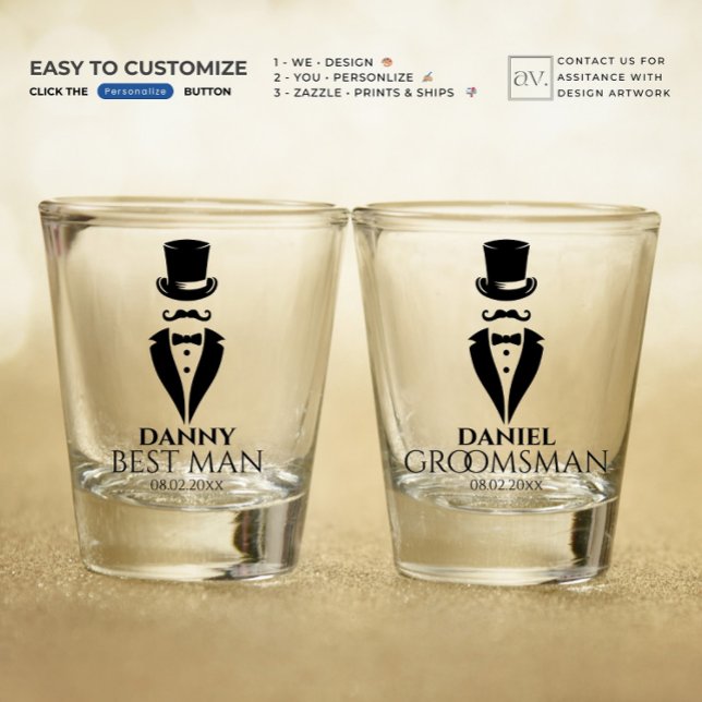 Top-hat Moustache Tux Personalise Best Man Shot Glass (Creator Uploaded)