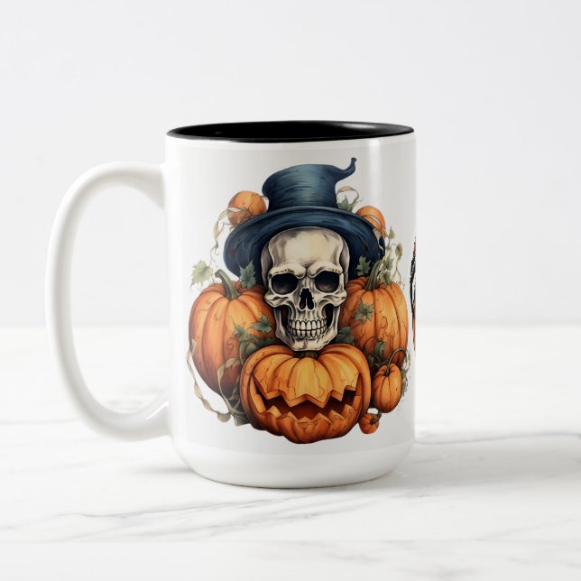 Top Hat Skull And Pumpkins With Others Two-Tone Coffee Mug (Left)