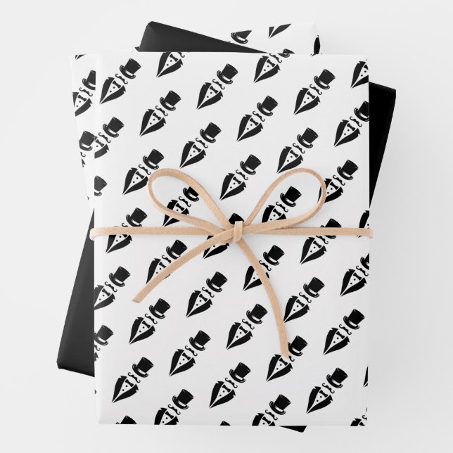 Top Hat Tuxedo Moustache Wedding Wrapping Paper Sheet (In situ)