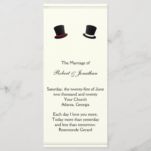 Top Hats and Bow Ties Gay Wedding Program (Front)