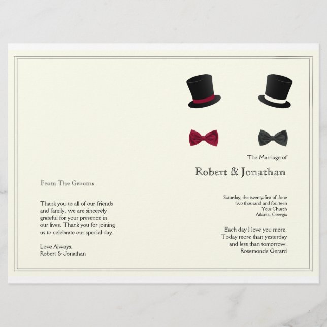Top Hats and Bow Ties Wedding Program (Front)