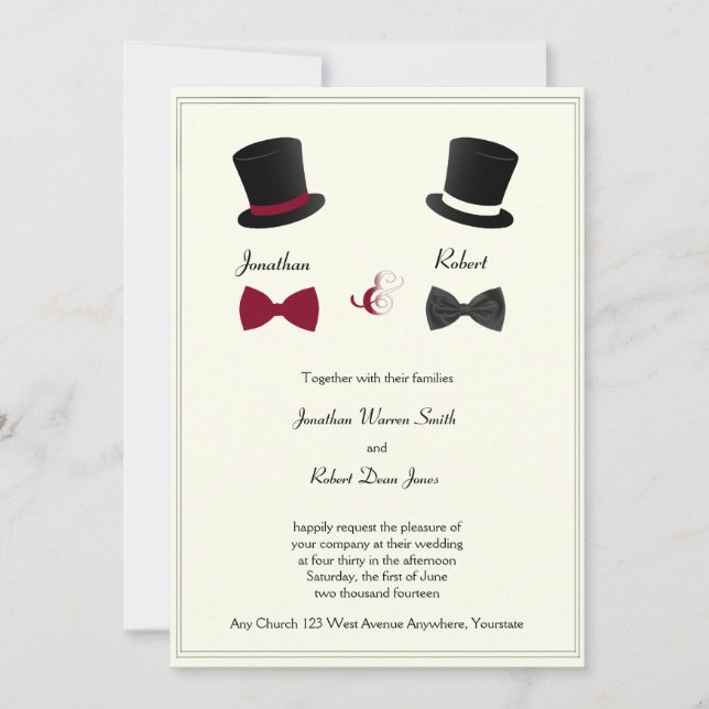 Top Hats Bow Ties Burgundy Gay Wedding Invitation (Front)