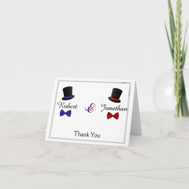 Top Hats Bow Ties Gay Red Blue Wedding Thank You Card (Front)