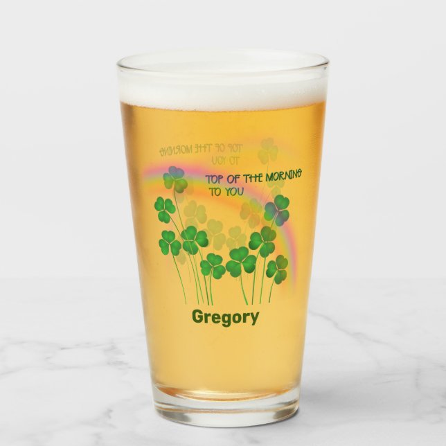 Top of the Morning Saint Patrick's Clovers w Name Glass (Front Filled)