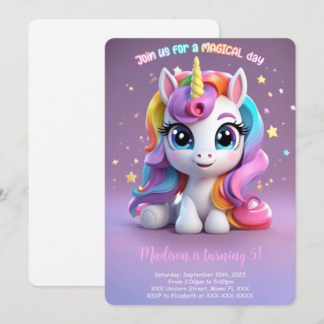 Top Rainbow Unicorn Birthday Invitation (Front/Back)