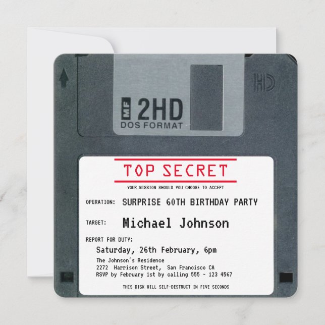 Top Secret 80s Disk Surprise 60th Birthday Party  Invitation (Front)