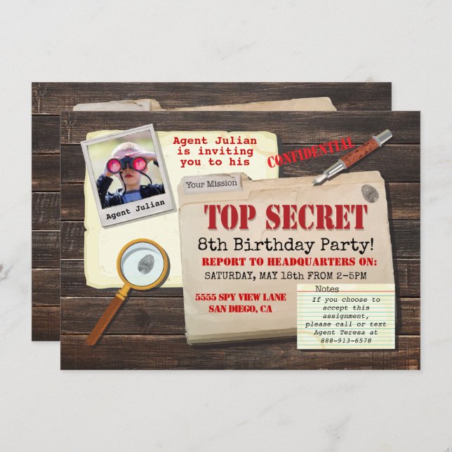 Top secret agent Spy Birthday Party Invitation (Front/Back)