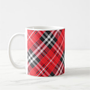 Top view of tartan cloth pattern on the table in r coffee mug