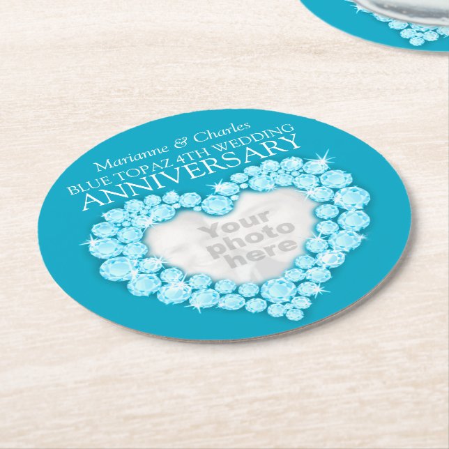 Topaz 4th wedding anniversary heart photo coasters (Angled)