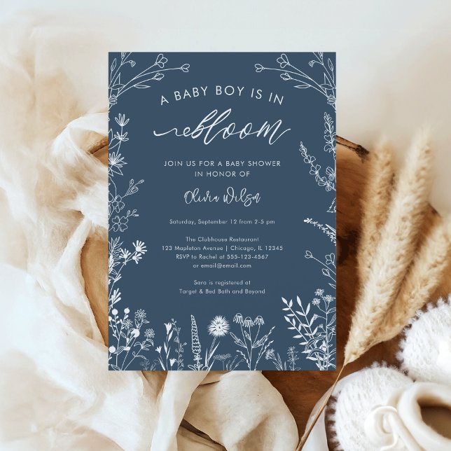 Topaz Blue Wildflower Baby Boy inBloom Baby Shower Invitation (Topaz Blue Wildflower Line Art 'A Baby Boy is in Bloom' Baby Shower Invitation)