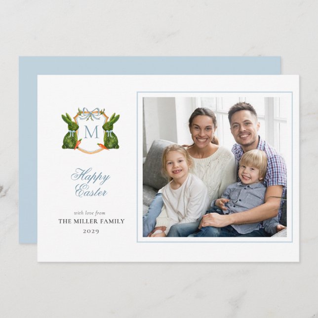 Topiary Bunny Monogram Easter photo greetings Holiday Card (Front/Back)