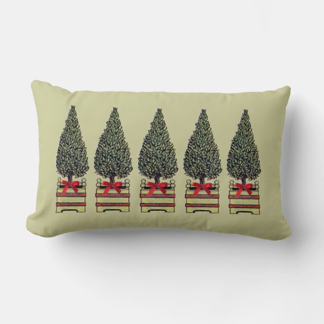 Topiary Christmas Trees on Khaki or Custom Colour Lumbar Cushion (Front)
