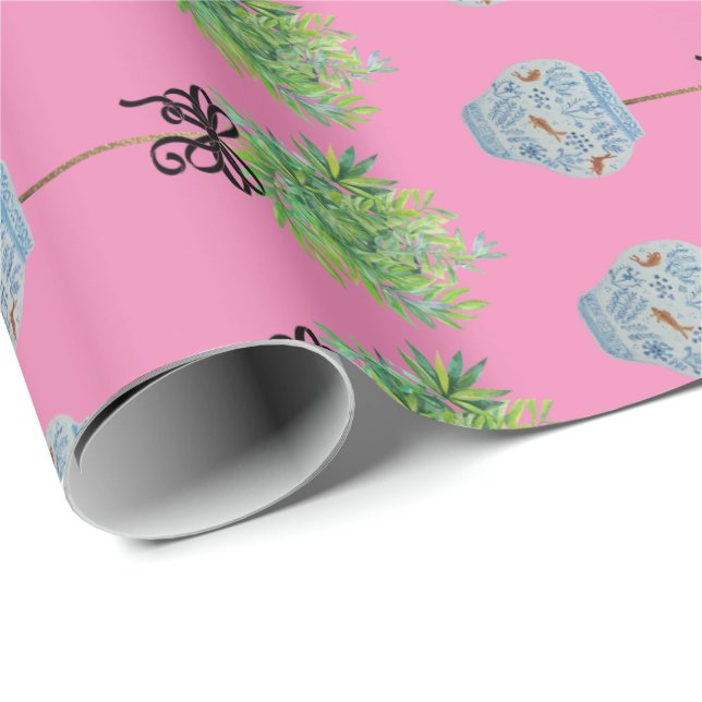 Topiary Topiaries Blue and White Ginger Jar Wrapping Paper (Roll Corner)