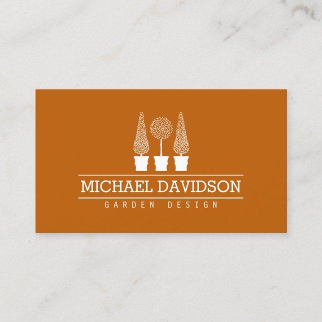 Topiary Trio Gardener Landscaping Dark Orange Business Card (Front)