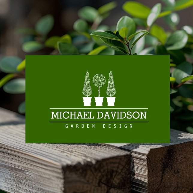 Topiary Trio Gardener Landscaping Green/White Business Card (Creator Uploaded)