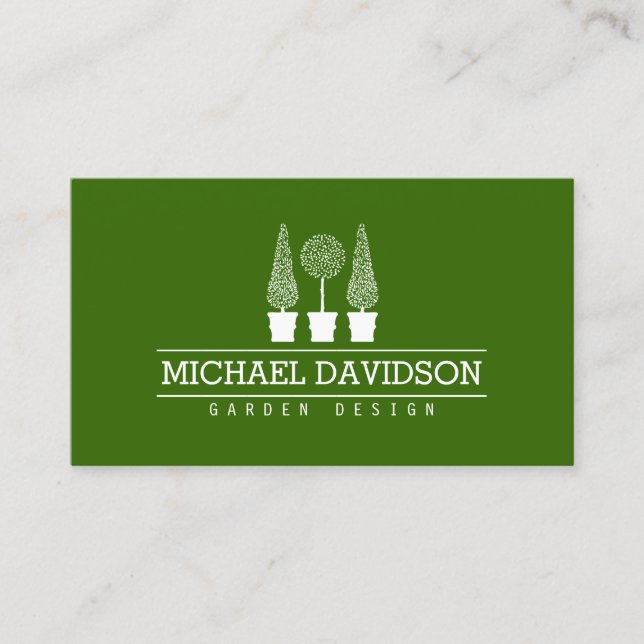 Topiary Trio Gardener Landscaping Green/White II Business Card (Front)